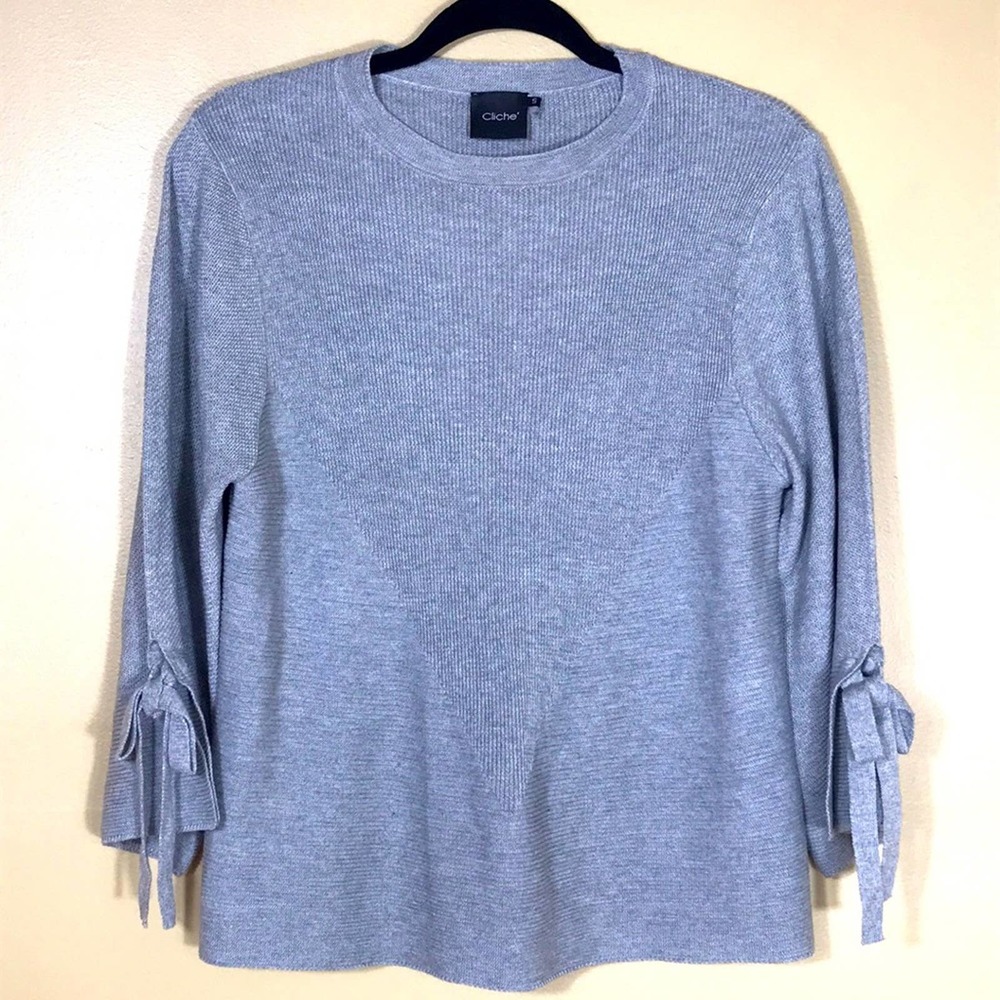 Cliche Sweater Womens‎ Small Gray Wool Blend Wide Bow Tie 3/4 Sleeves